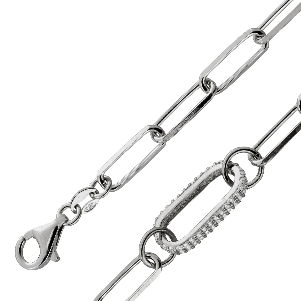 Paperclip Armband Silber 925 rhodiniert Zirkoniabesetztes Mittelteil 20 Paperclip Armband Silber 925 rhodiniert Zirkoniabesetztes Mittelteil 20