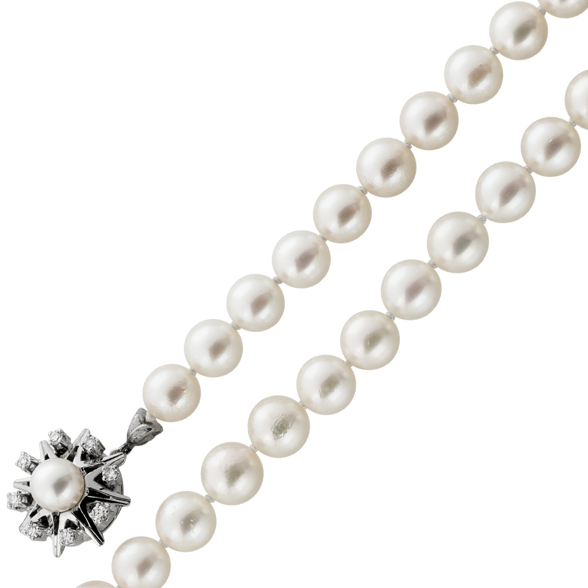 Perlenkette 74cm Akoyaperlen Weissgold 585 Diamanten Antikschmuck 74
