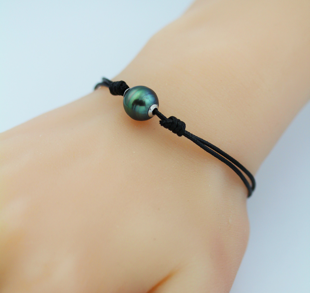 Leather Bracelet Green Gray Tahitian Pearl 9.7mm 20