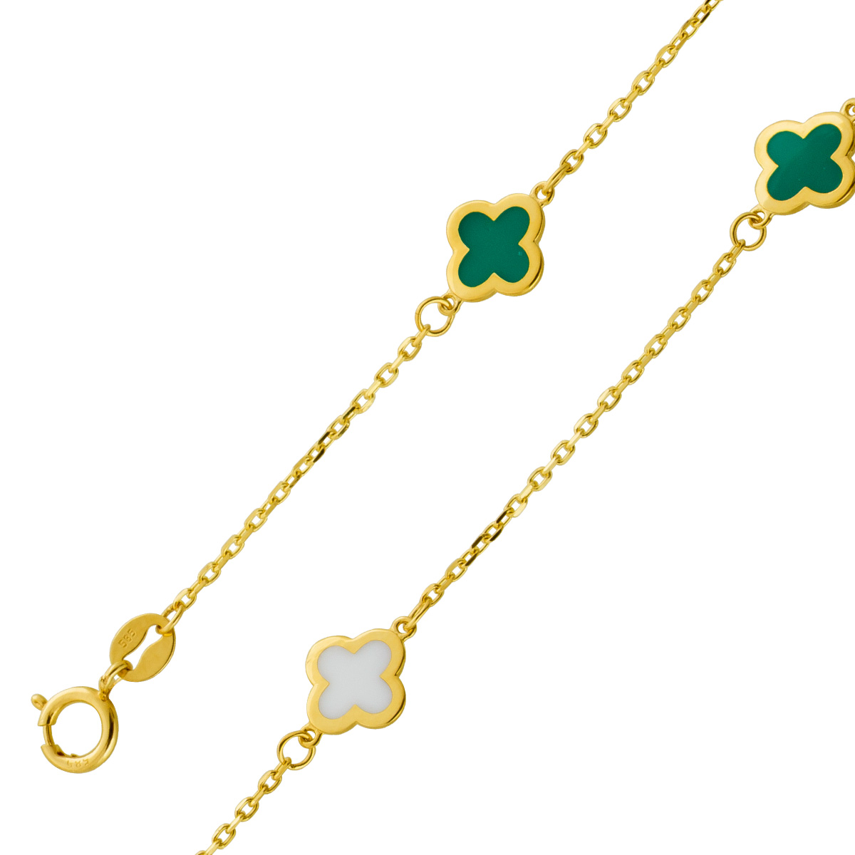 Kleeblatt Armband Gelbgold 585 14K weiße grüne Emaillie 19