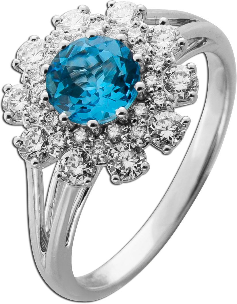 Blautopas Ring Weißgold 585 14K blauer Edelstein 1.42ct Lab Grown Diamanten 19