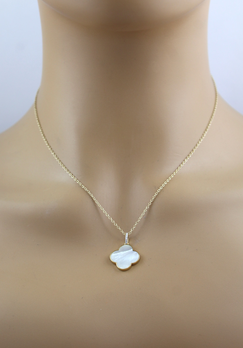 Mother of Pearl Chain Silver Gold Plated White Four-Leaf Clover White Topaz Gemstones 47