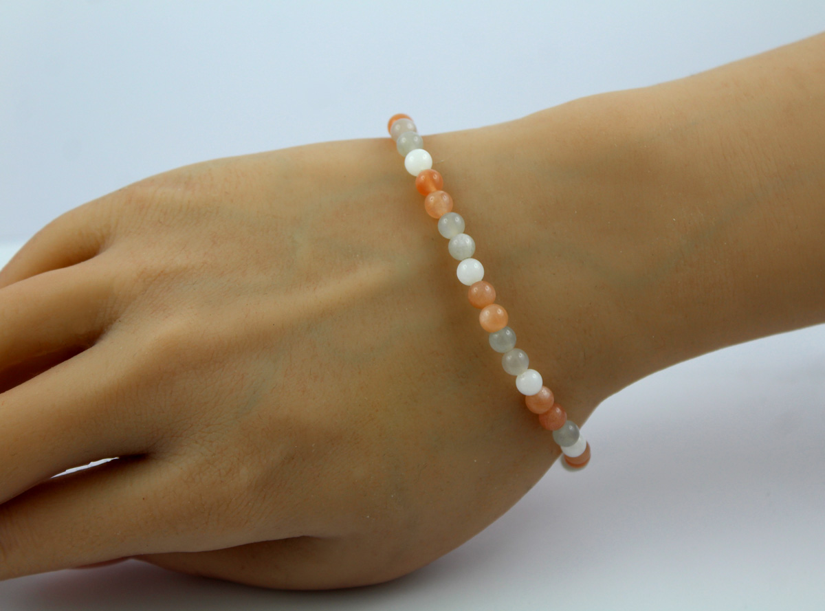 Moonstone Bracelet White Gray Peach Spheres 4mm 19