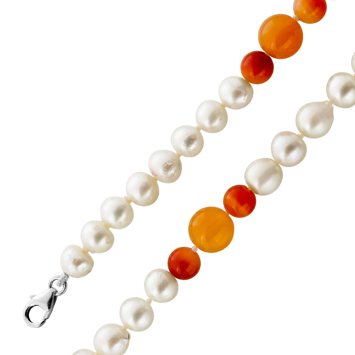 Perlenkette 77cm Akoyaperlen 6.7-6.2mm orange Karneol Edelsteine 60ct. 77