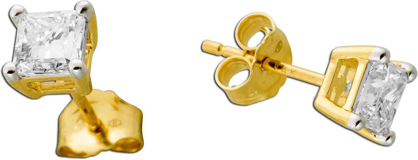 Brillant Ohrstecker 1ct Princess CutGold 585 14K Lab Grown F VS