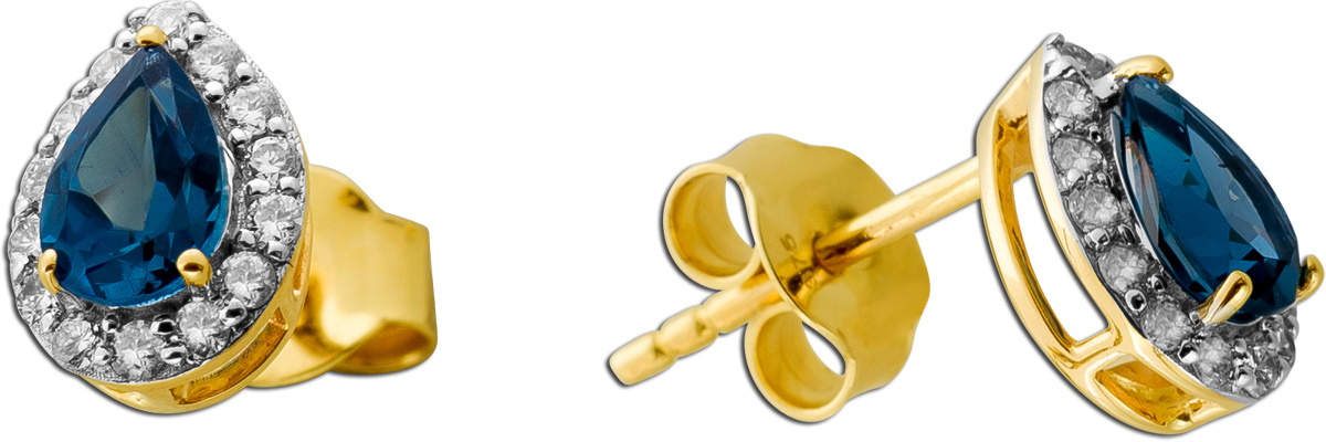 Brillant Ohrringe Gold 375 9K Natur London Bluetopase Lab Grown Diamanten