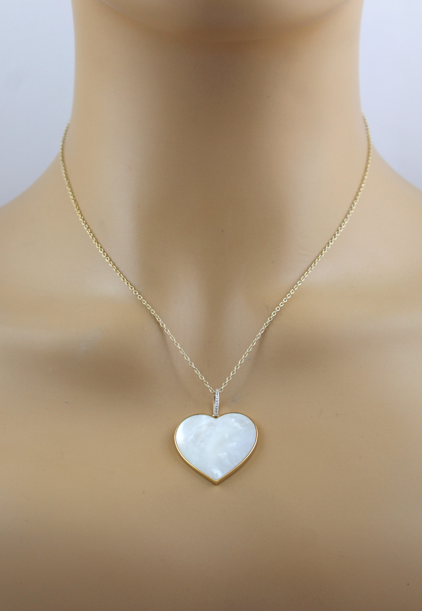 Mother of Pearl Heart Necklace Gold Plated Silver White Topaz Gemstones 47