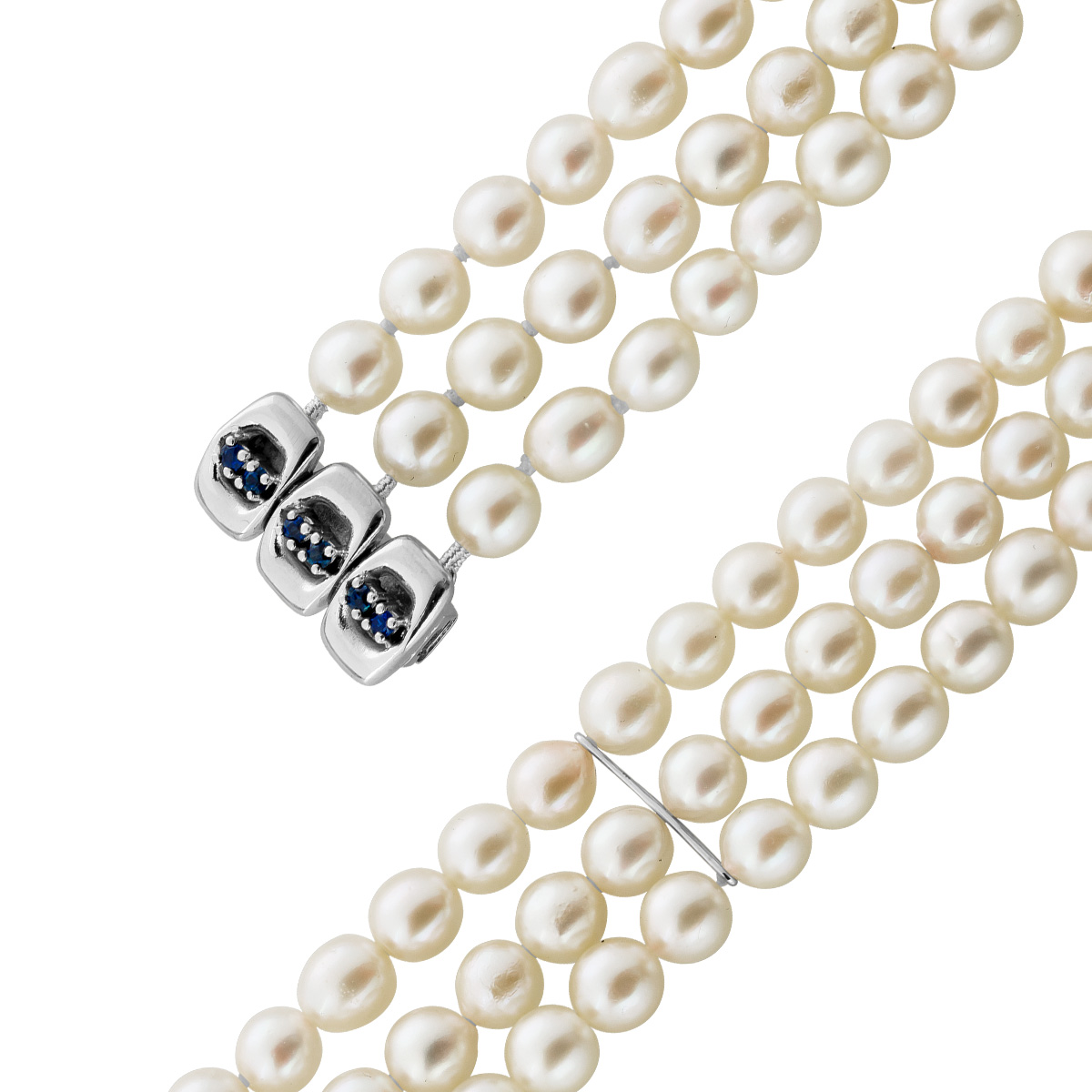Pearl Bracelet White Gold 585 14K Akoya Pearls 6.4-6.2mm Sapphires Vintage 18