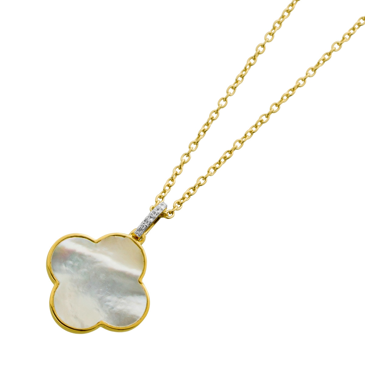 Mother of Pearl Chain Silver Gold Plated White Four-Leaf Clover White Topaz Gemstones 47