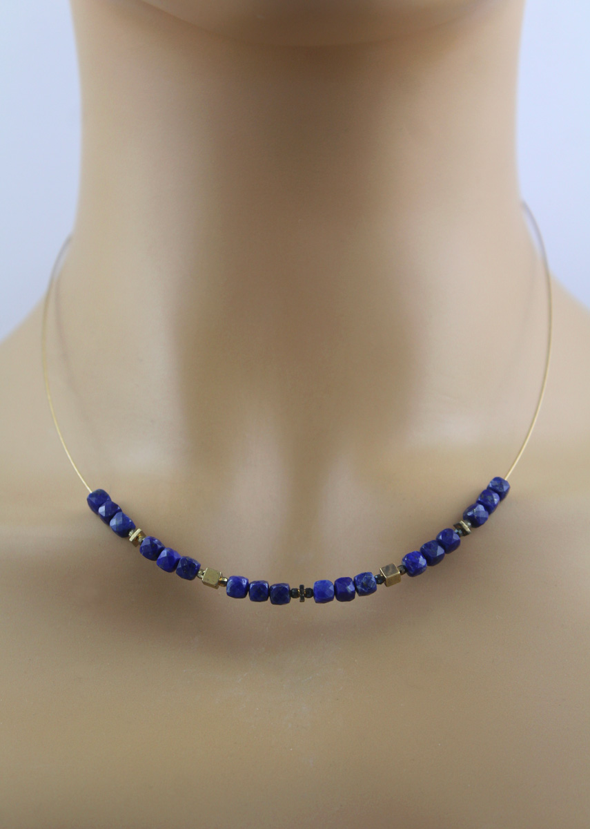 Lapis Lazuli Neck Ring Yellow Gold Plated Deep Blue Natural Gemstones 16.16ct 45