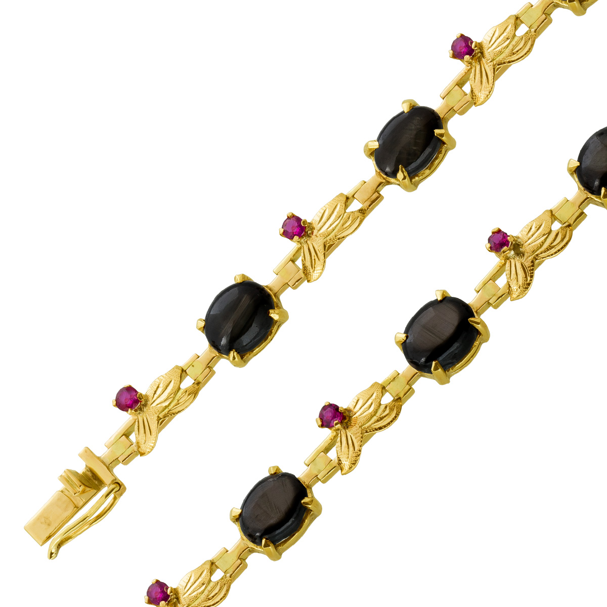 Armband Gelbgold 750 schwarze Beryll Katzenauge rote Rubine 18