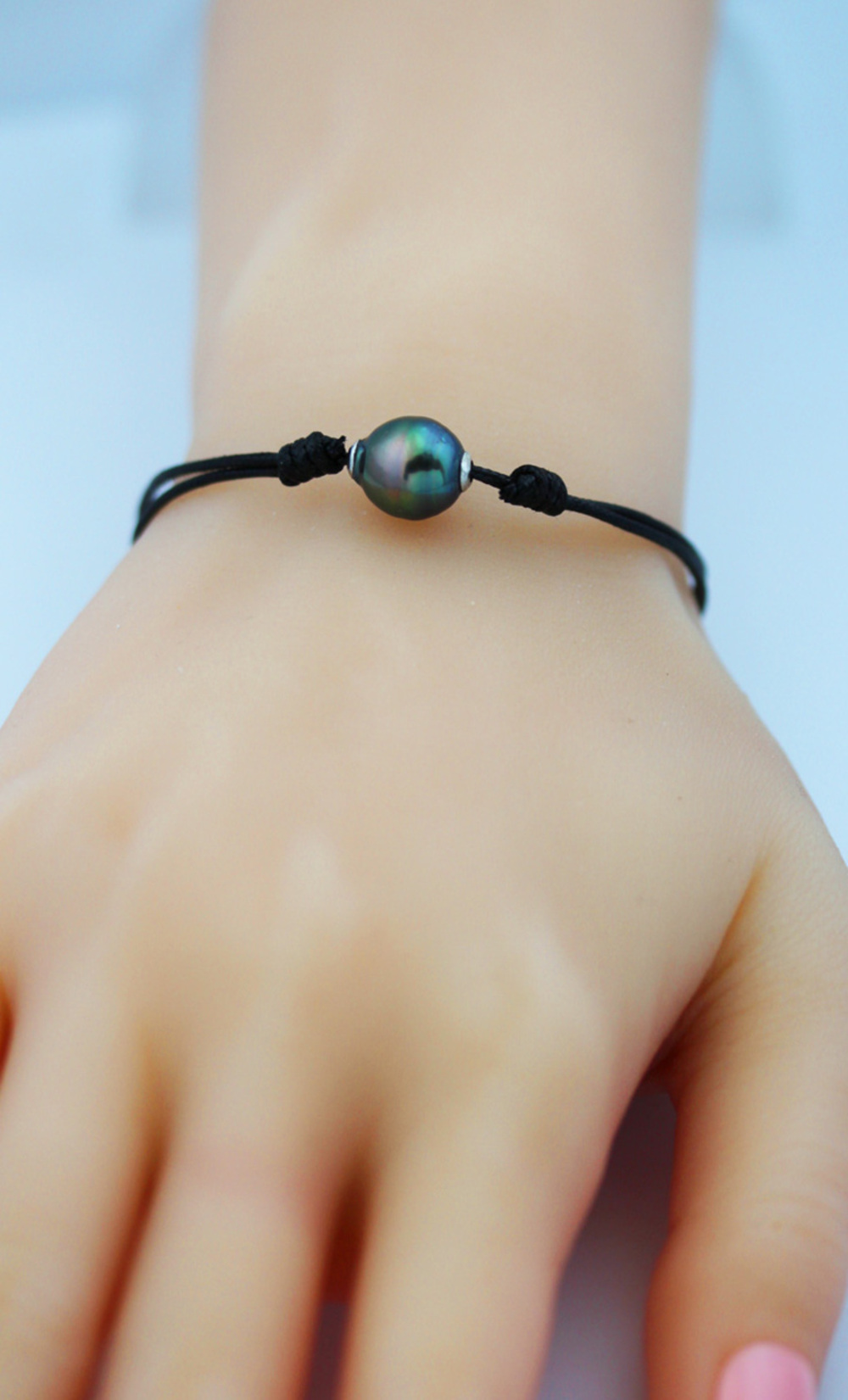 Leather Bracelet Green Gray Tahitian Pearl 9.7mm 20