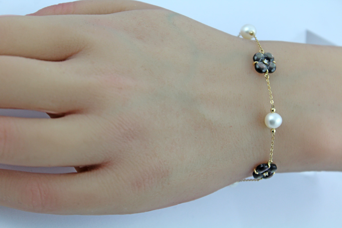 Kleeblatt Armband Gold 585 14K Perlmutt Brillanten Süßwasserzuchtperlen 21