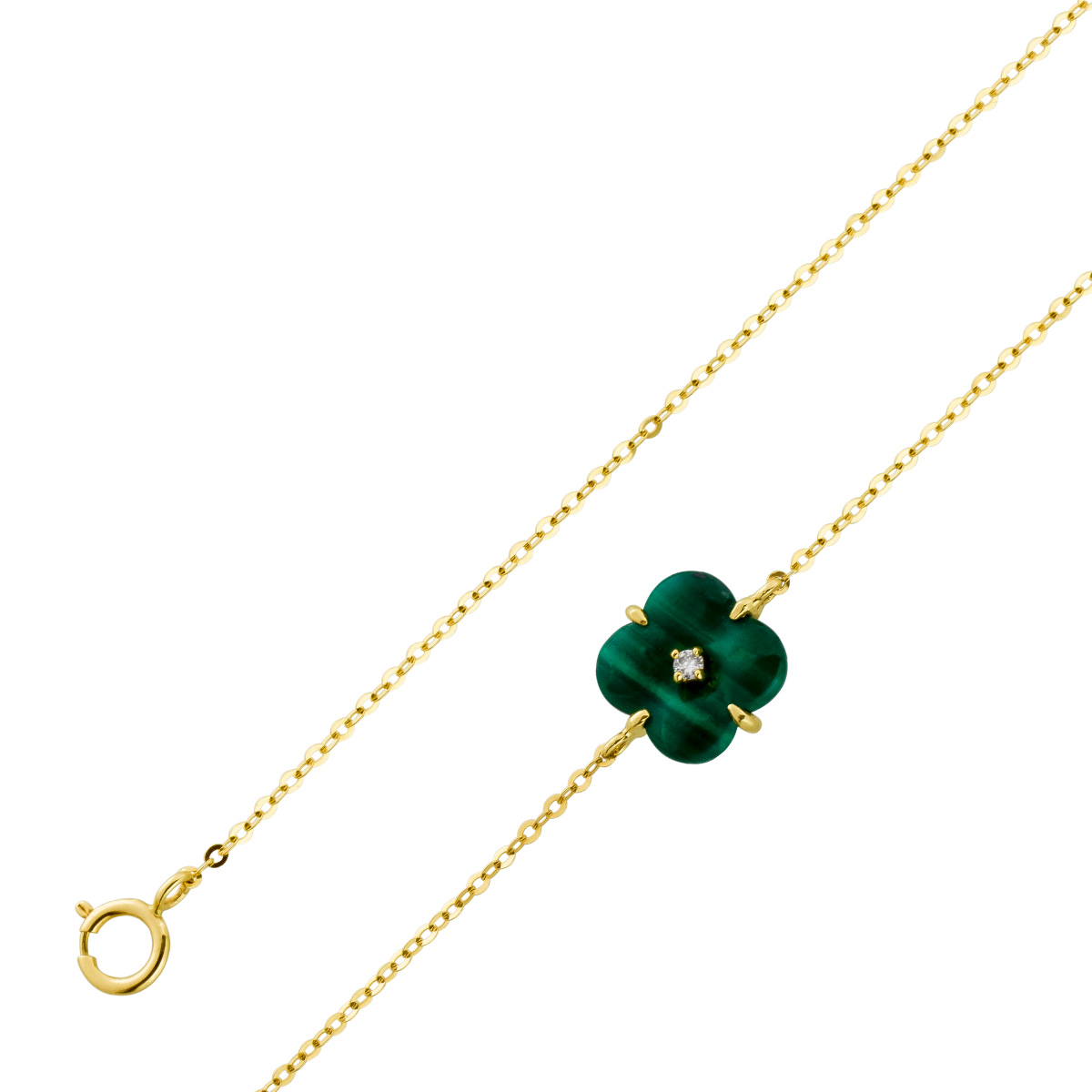 Malachit Armband Kleeblatt Gelbgold 585 14K Brillant 0.015ct 18