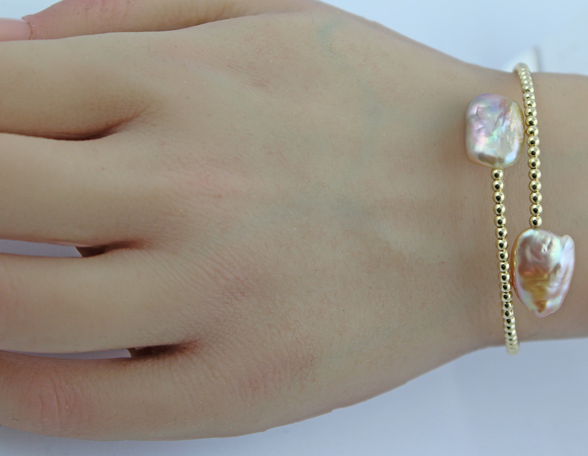 Perlen Armreif Gold 585 14K pfirsichfarbene Barock Keshi Perlen 99