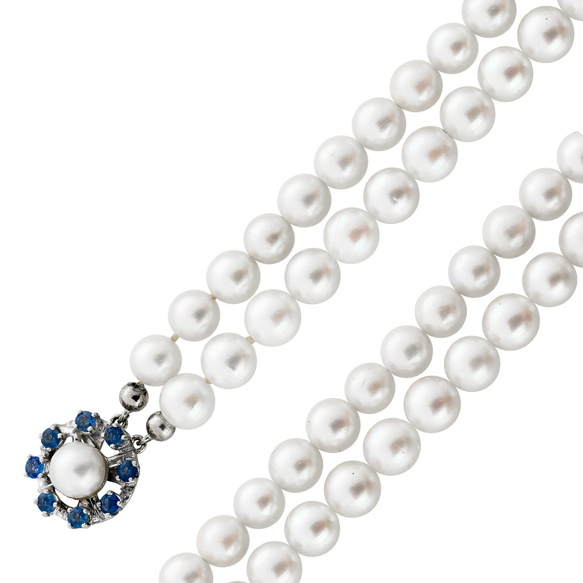 Perlenkette Weißgold 585 jap. Akoyaperlen 6.1mm blaue Saphire 0.64ct 56