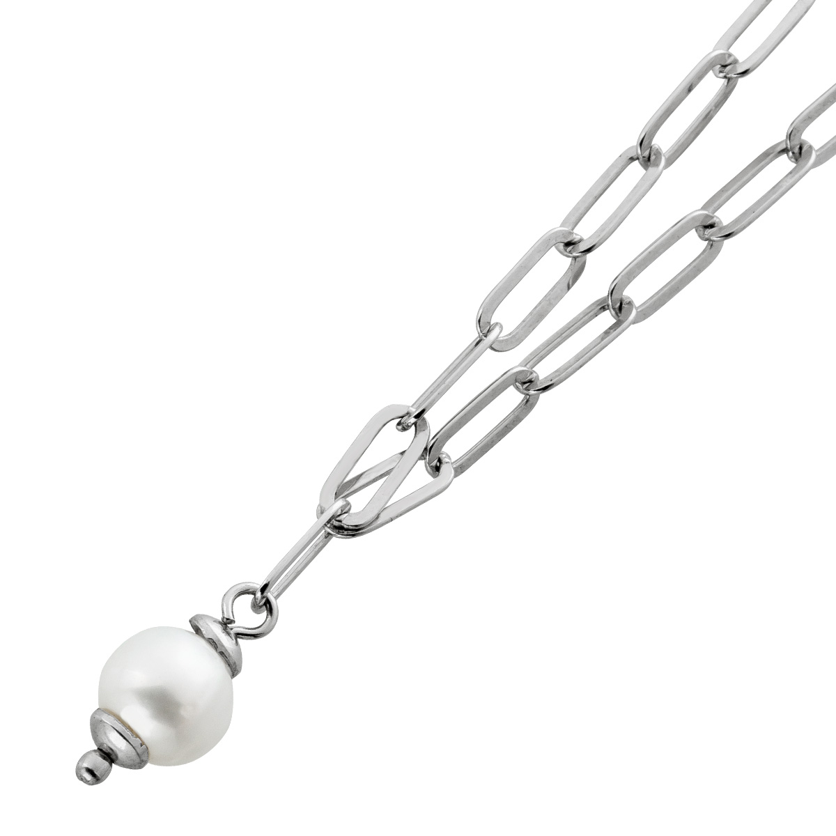 Paperclipkette Silber 925 rhodiniert Süßwasserzuchtperle 7,5mm 60 Paperclipkette Silber 925 rhodiniert Süßwasserzuchtperle 7,5mm 60