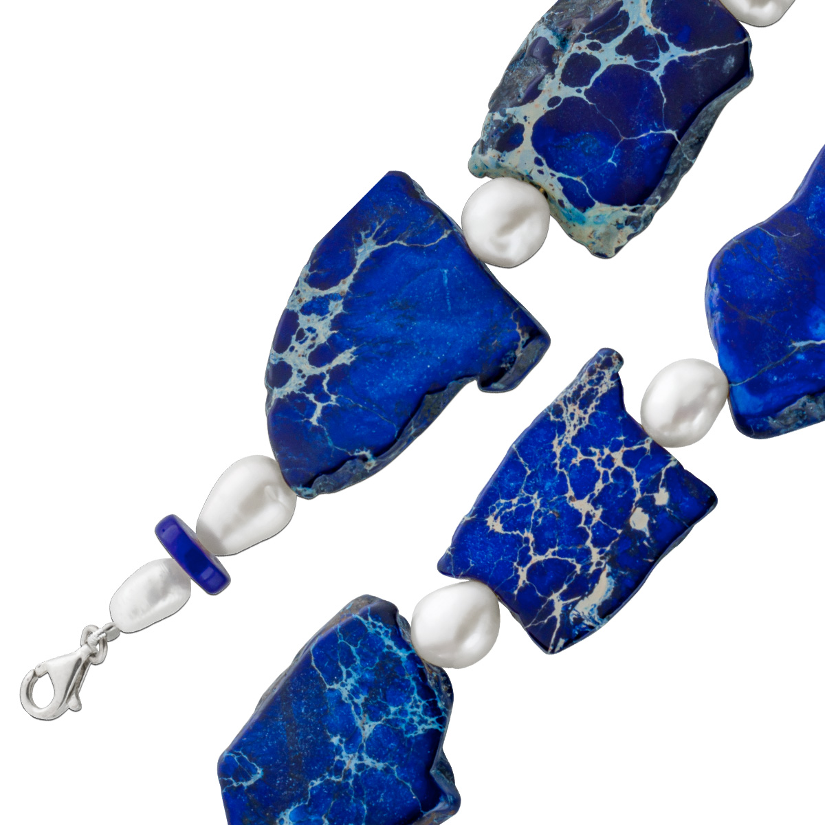 Kette weiße Süßwasserzuchtperlen blauer Natur Jaspis Silber 925 46