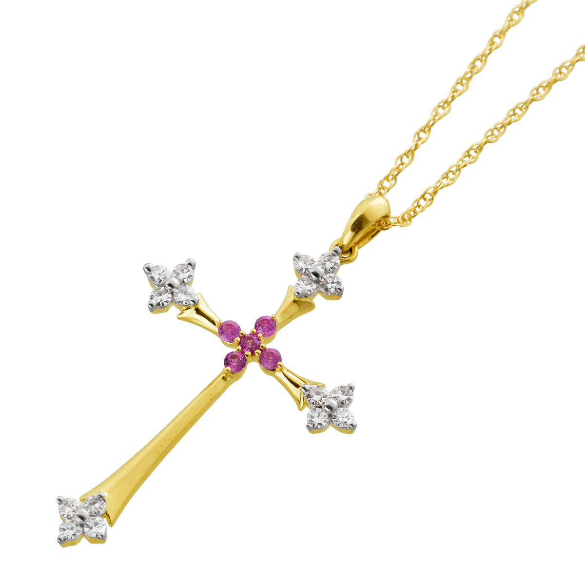 Kreuzkette Gelbgold 585 4 pinke Rubine 0,06ct 16 Diamanten 0,12ct 45 Kreuzkette Gelbgold 585 4 pinke Rubine 0,06ct 16 Diamanten 0,12ct 45