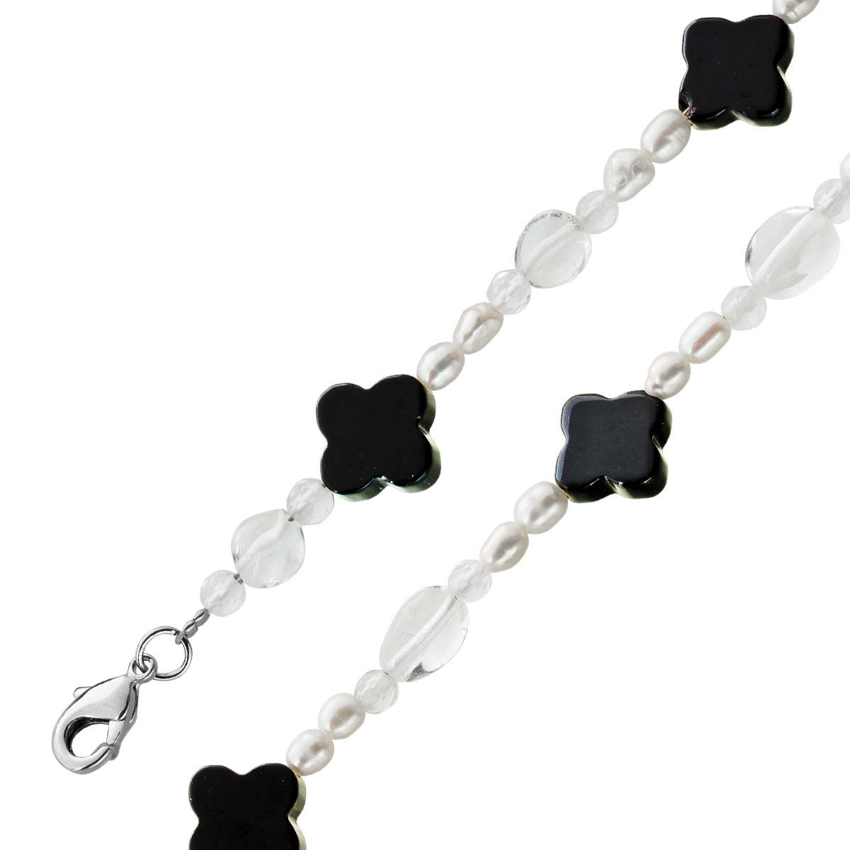 Perlenkette 47cm Süßwasserperlen schwarzer Natur Achat Bergkristall 47