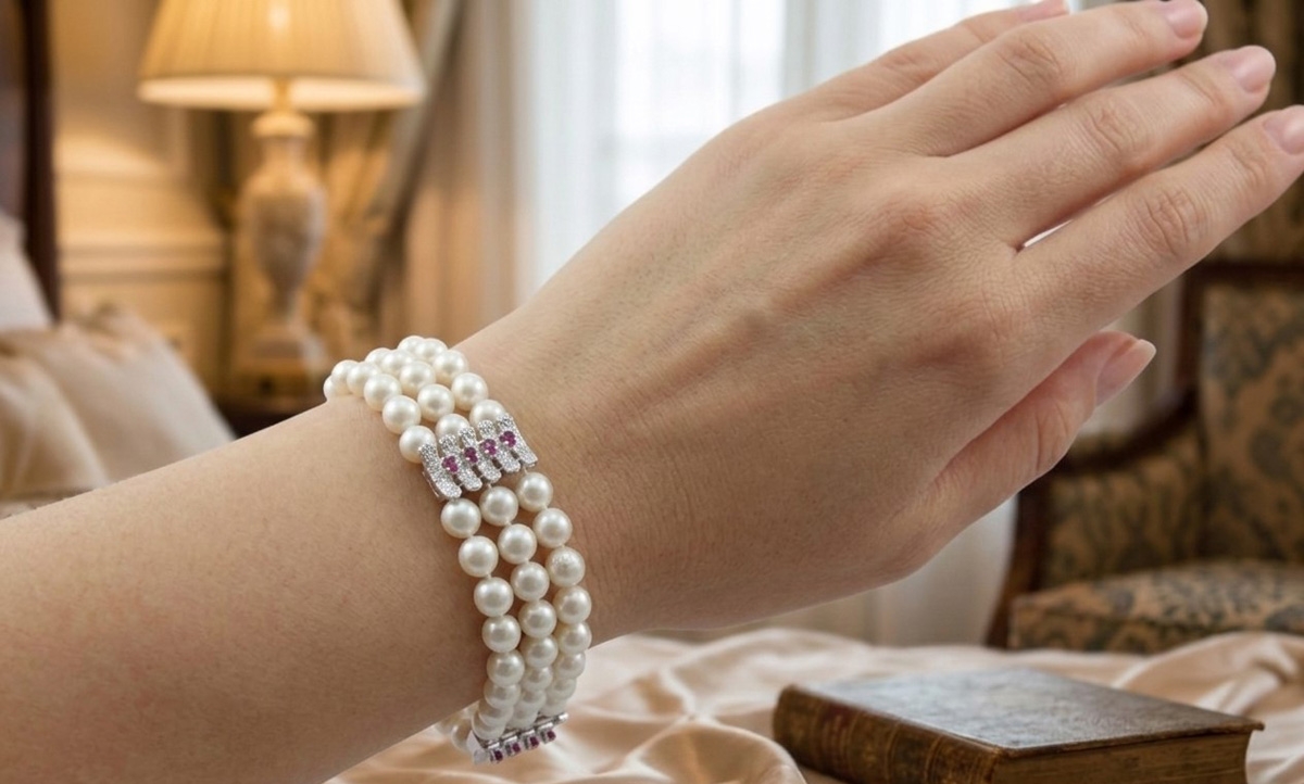 Pearl Bracelet White Gold 585 Akoya Pearls Red Rubies Antique Jewelry 19