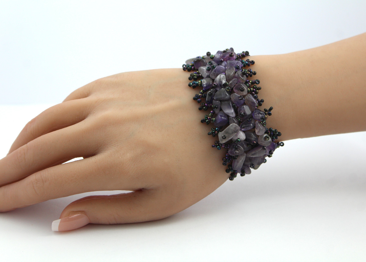 Amethyst Bracelet Purple Raw Stones Black Violet Hematite Beads Flexible 17