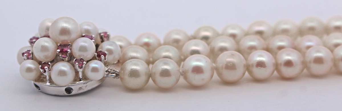 Pearl Bracelet 3-Strand Red Rubies Akoya Pearls 6.4-6mm White Gold 585 14K 21