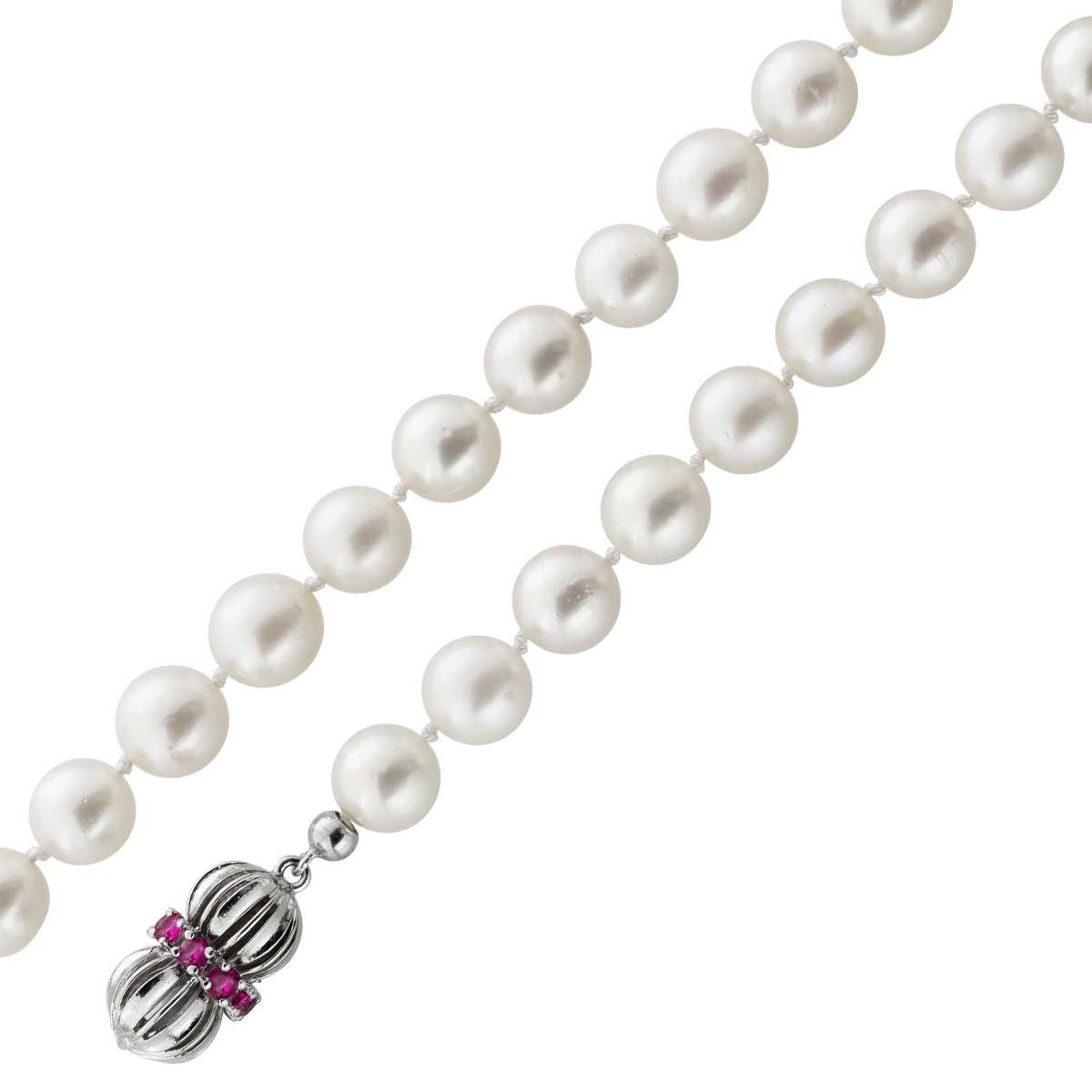 Pearl Necklace 49cm Akoya Pearls 7.9-7.5mm Red Rubies White Gold 585 49