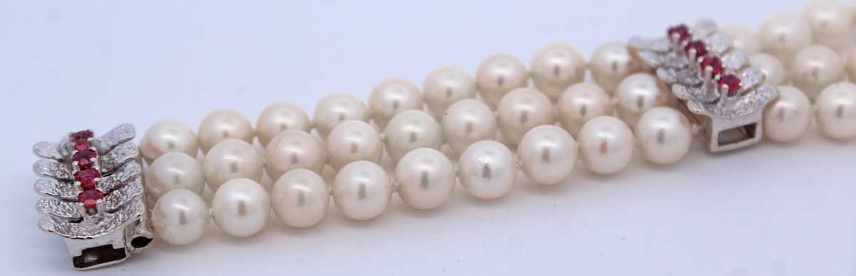 Pearl Bracelet White Gold 585 Akoya Pearls Red Rubies Antique Jewelry 19