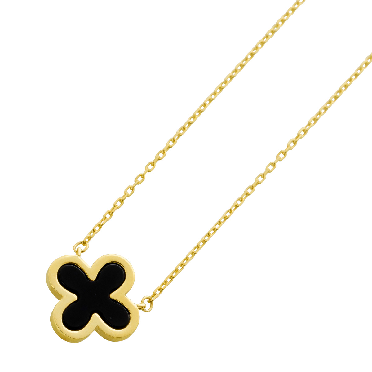 Onyx Kleeblatt Kette Gold 585 14K schwarzer Natur Edelstein 45