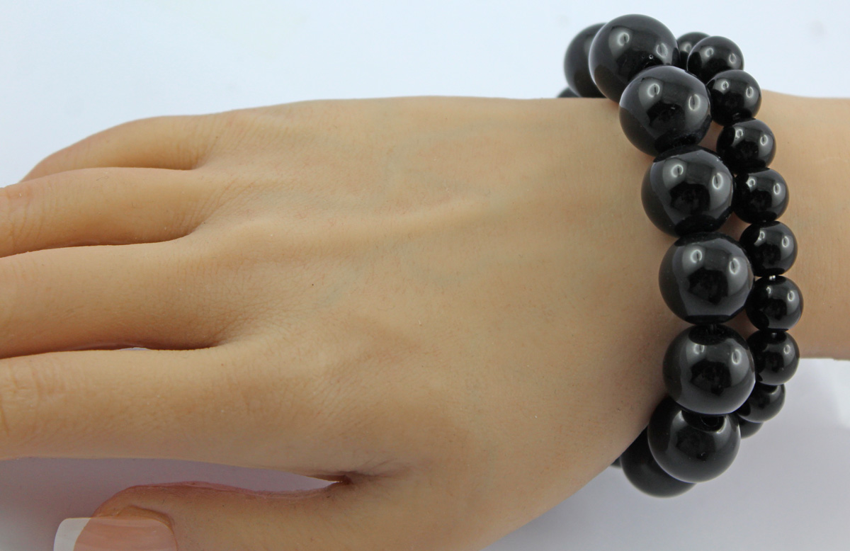 Obsidian Bracelet Set Black Natural Gemstones Flexible 18