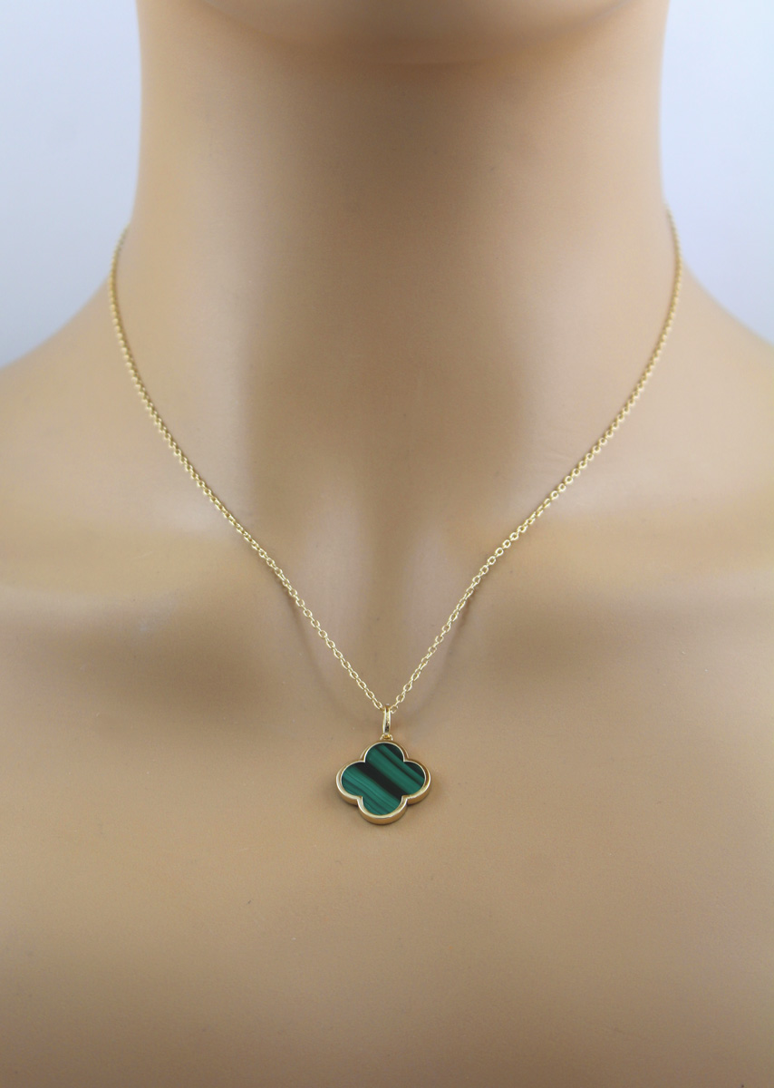 Malachite Chain Silver Gold Plated Green Four-Leaf Clover White Topaz Gemstones 47