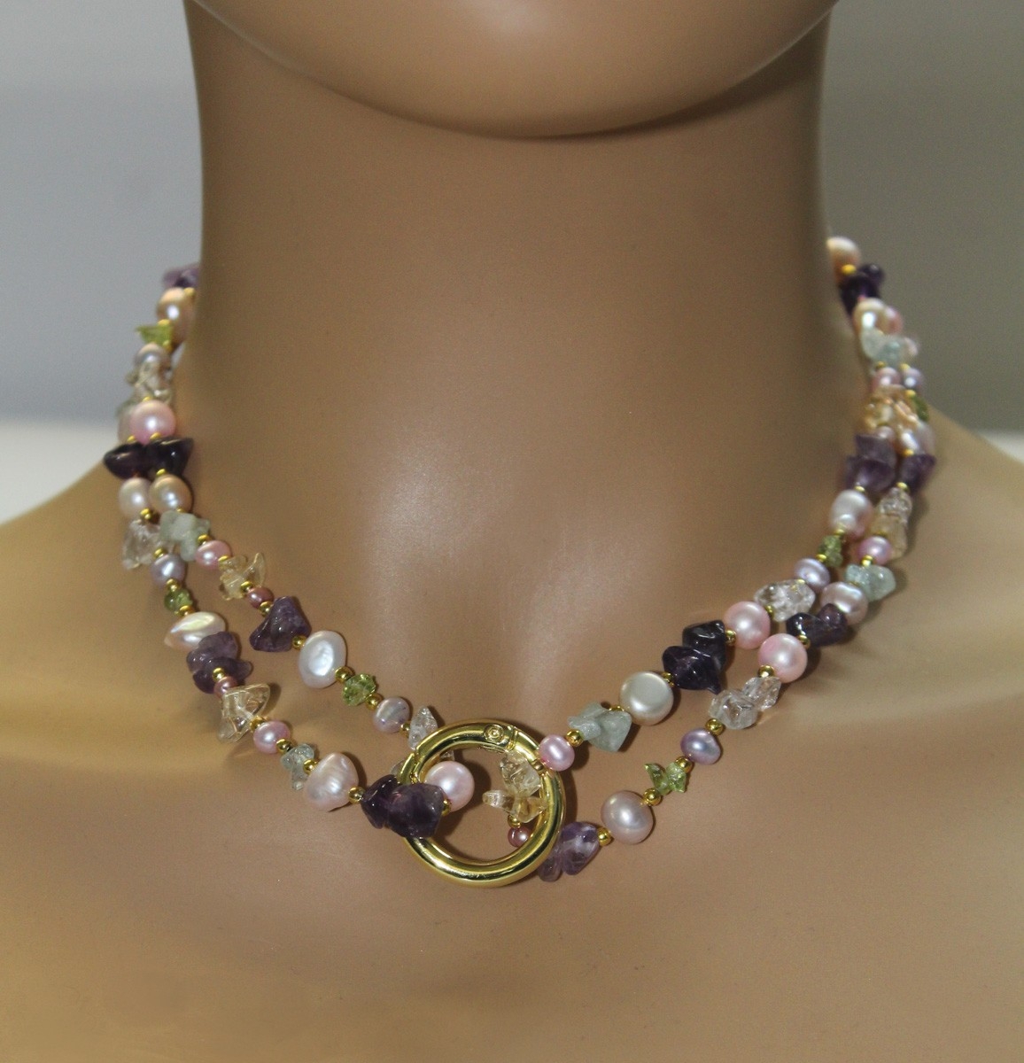 Pearl Necklace Gemstone Necklace Peridot Amethyst Citrine Aquamarine Rock Crystal 88cm