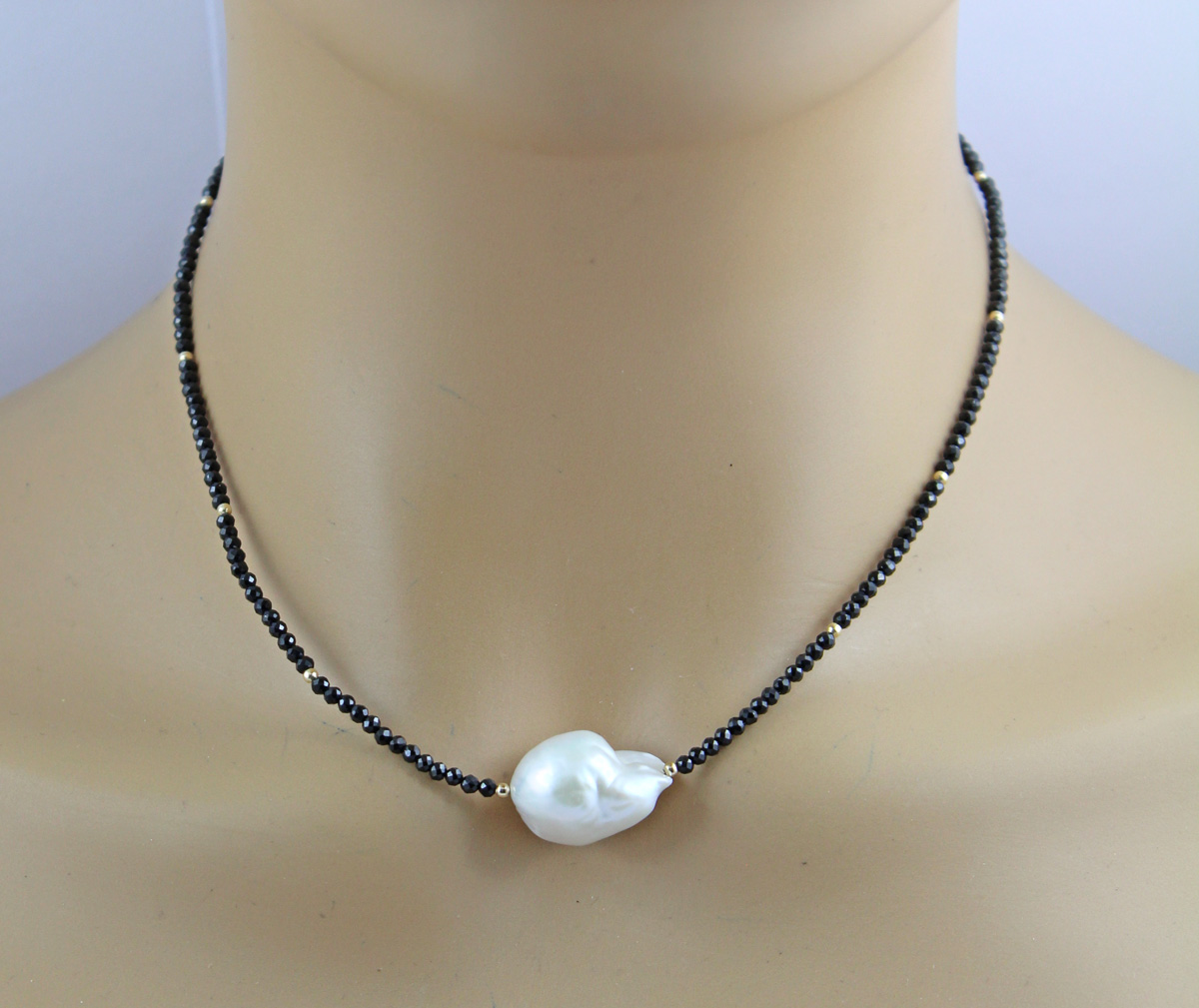 Spinell Kette Gold 585 14K nat.schwarze Spinell Edelsteine Barockperle 47