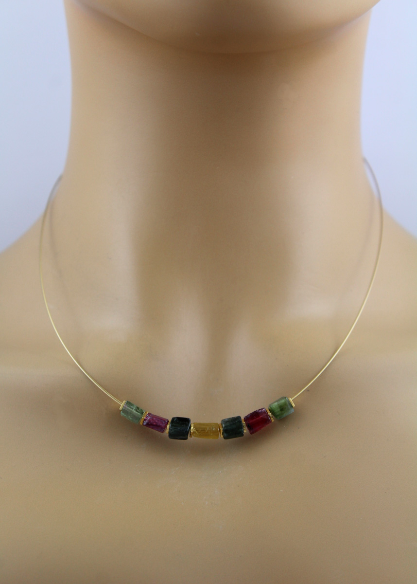 Tourmaline Neck Ring Yellow Gold Plated Green Pink Natural Gemstones 45