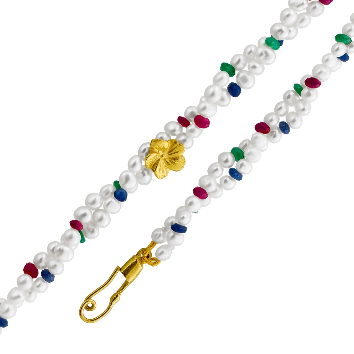 Perlenkette 48cm 2-reihig Suesswasserperlen Rubine Smaragde Gold 750 48