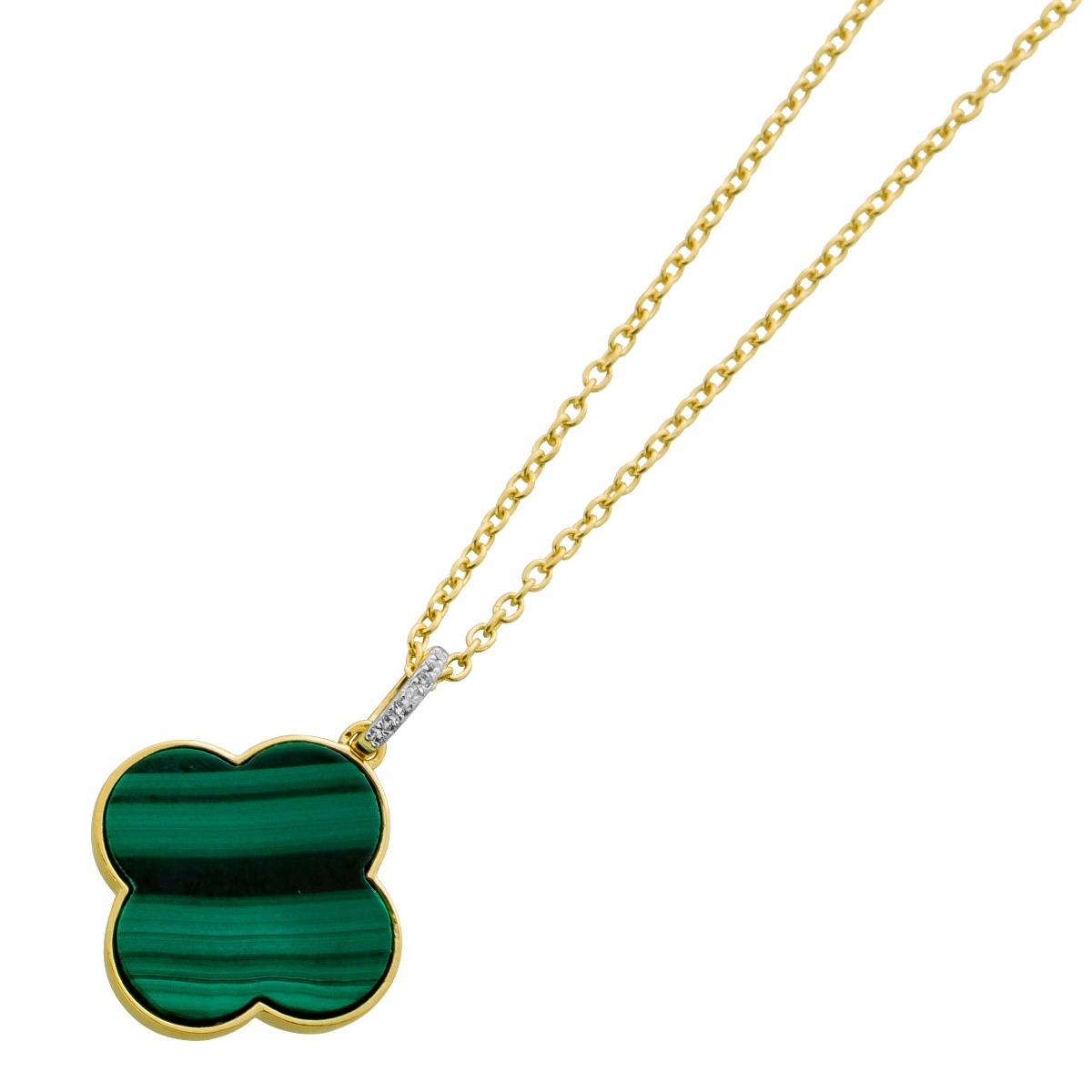 Malachite Chain Silver Gold Plated Green Four-Leaf Clover White Topaz Gemstones 47