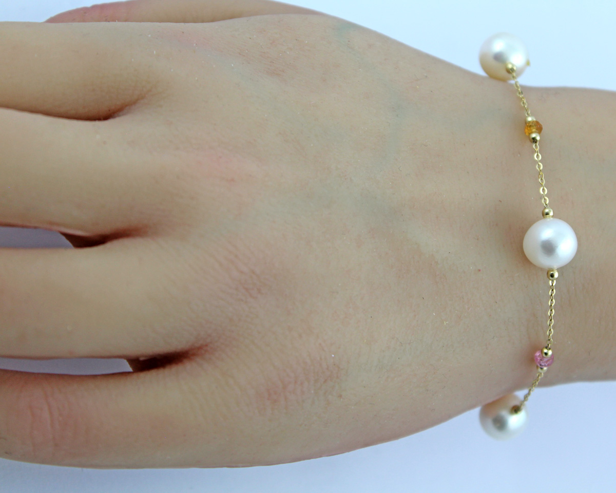 Perlenarmband Gold 585 14 nat. bunte Saphire Süßwasserzuchtperlen 19