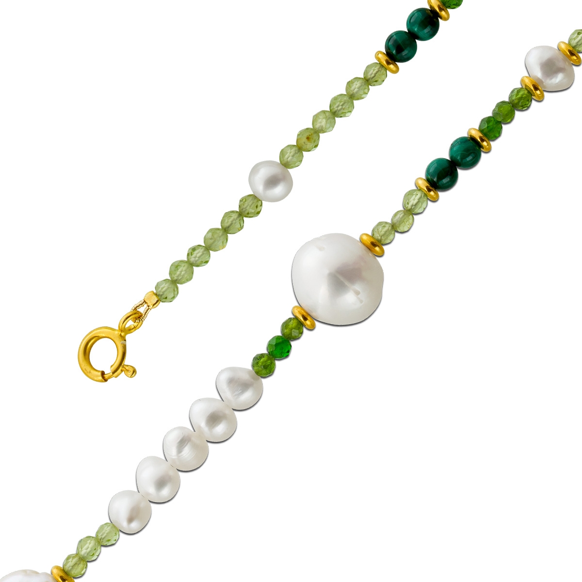 Perlenkette 47cm Süßwasserperlen Natur Malachit Peridot Edelsteine 47