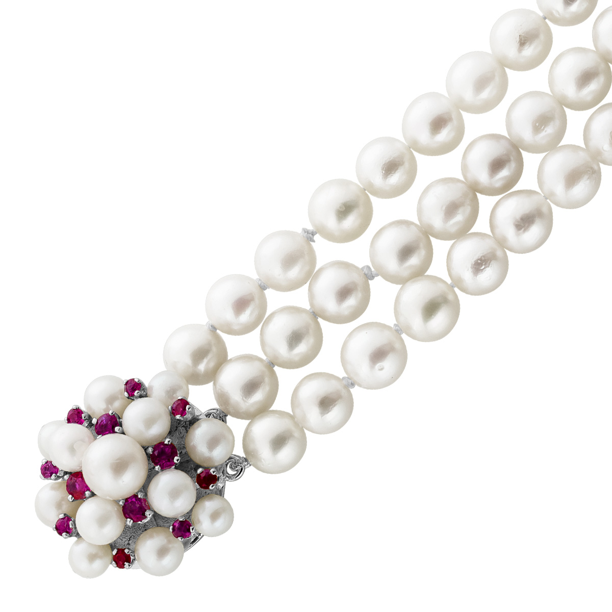 Pearl Bracelet 3-Strand Red Rubies Akoya Pearls 6.4-6mm White Gold 585 14K 21