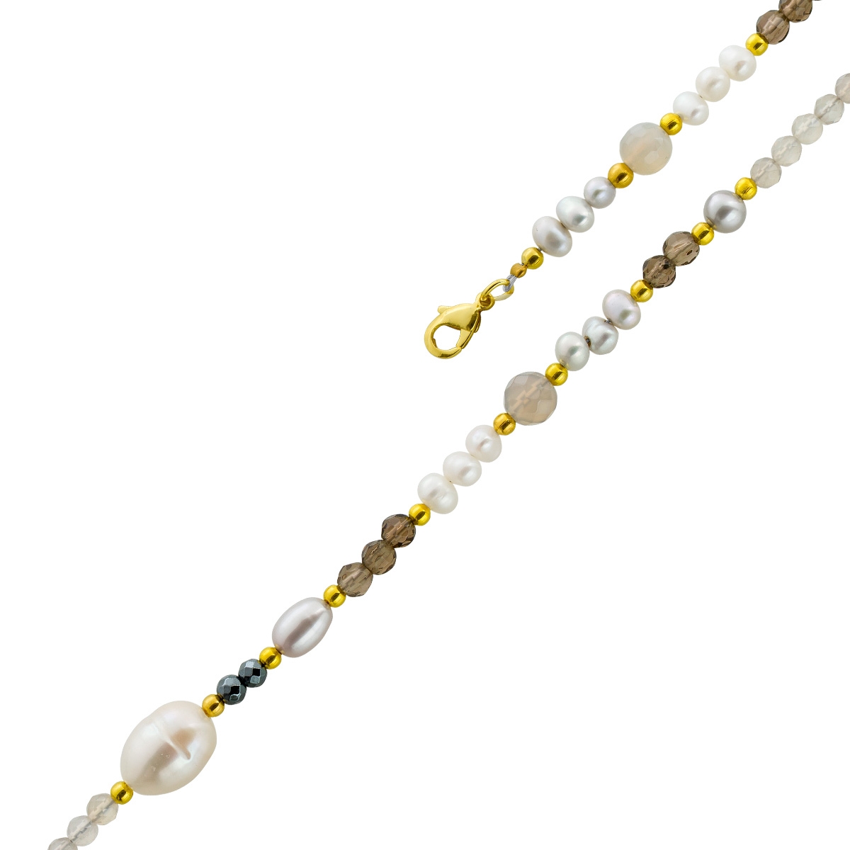 Perlenkette 48cm Süßwasserperlen Natur Achat Rauchquarz Hämatit 48
