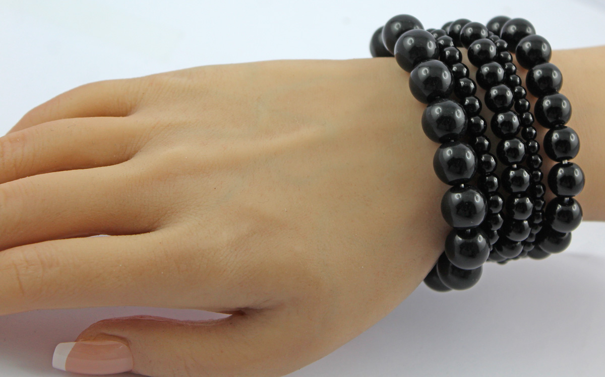 Obsidian Bracelet Set Black Natural Gemstones Flexible 18