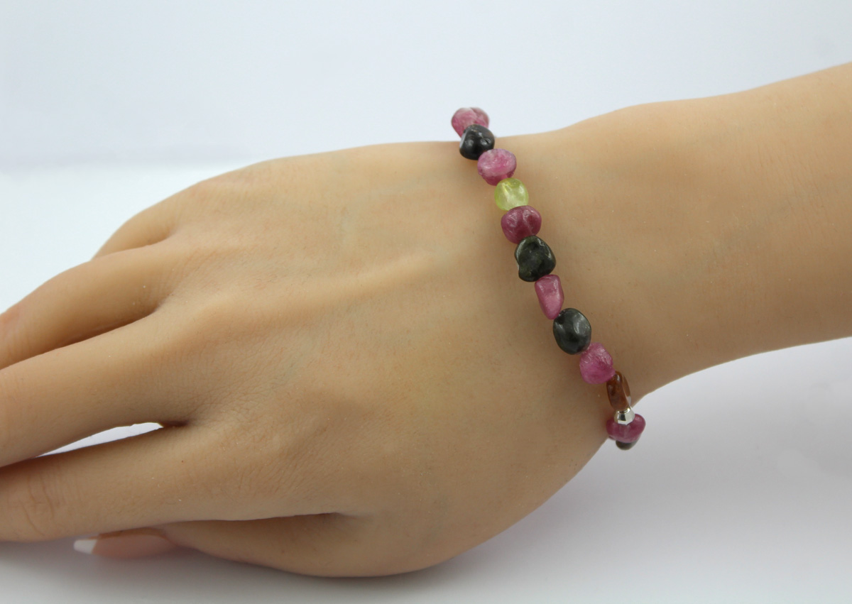 Tourmaline Bracelet Gemstone Colorful Raw Stones 6-8mm Silver 925 19