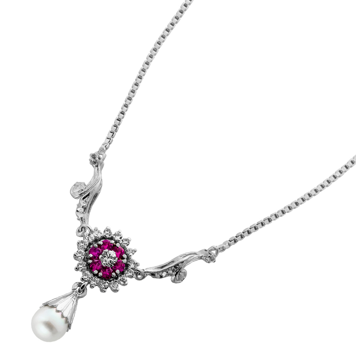Rubin Collier Weißgold 750 18K synth. Rubine Zirkonia 0.45ct Antikschmuck 43