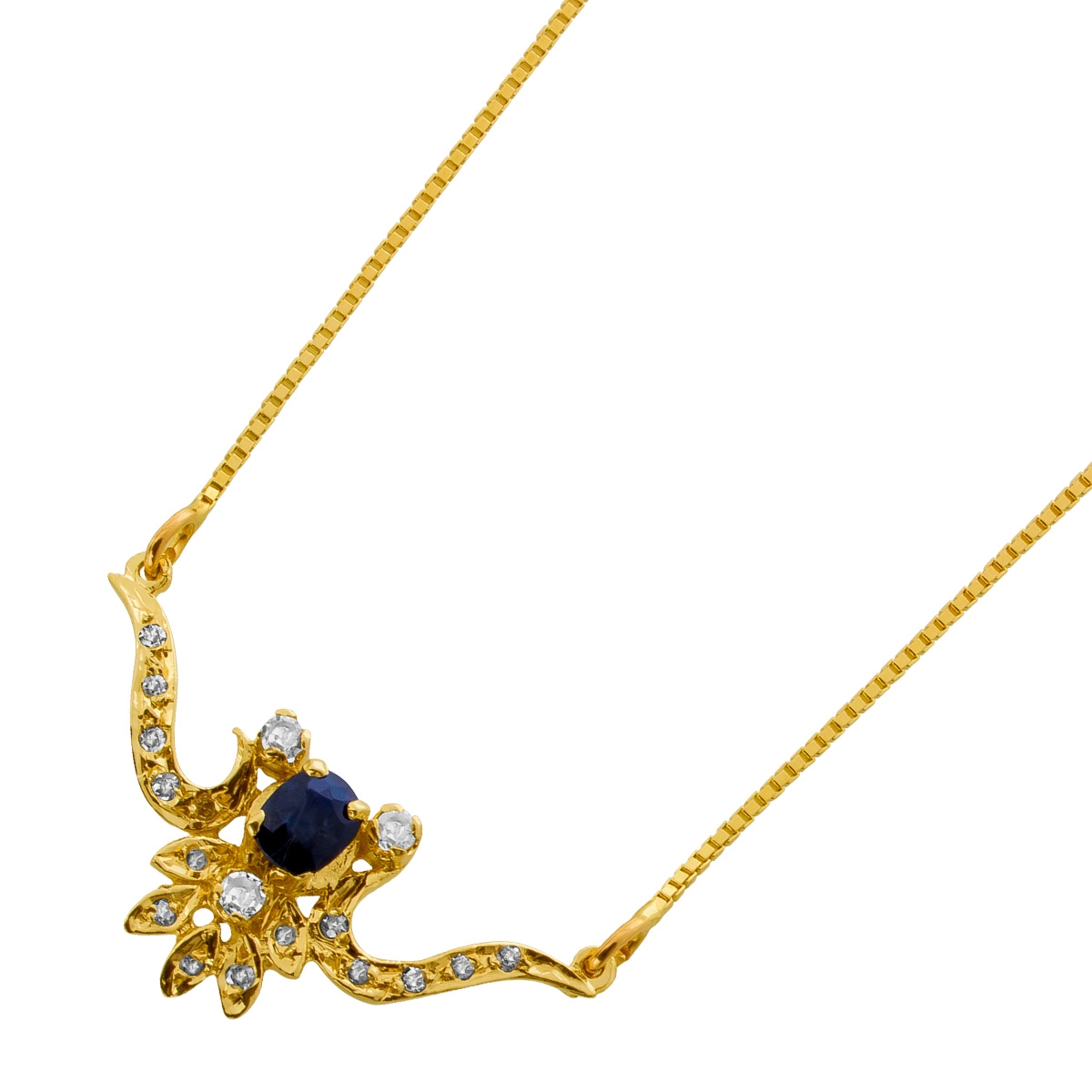 Saphir Collier Gold 750 18K blauer Edelstein Diamanten 0.2ct Antikschmuck 38