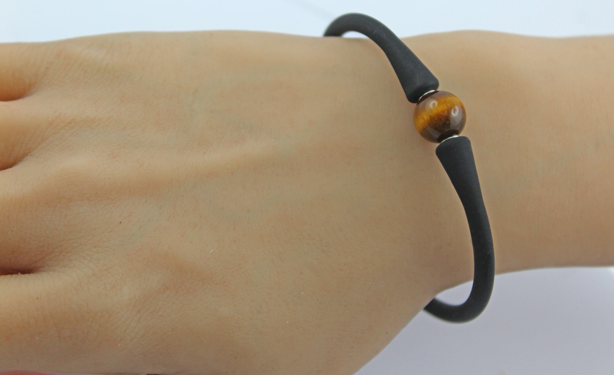 Tiger's Eye Bracelet Silicone Gold Brown Natural Gemstone 18