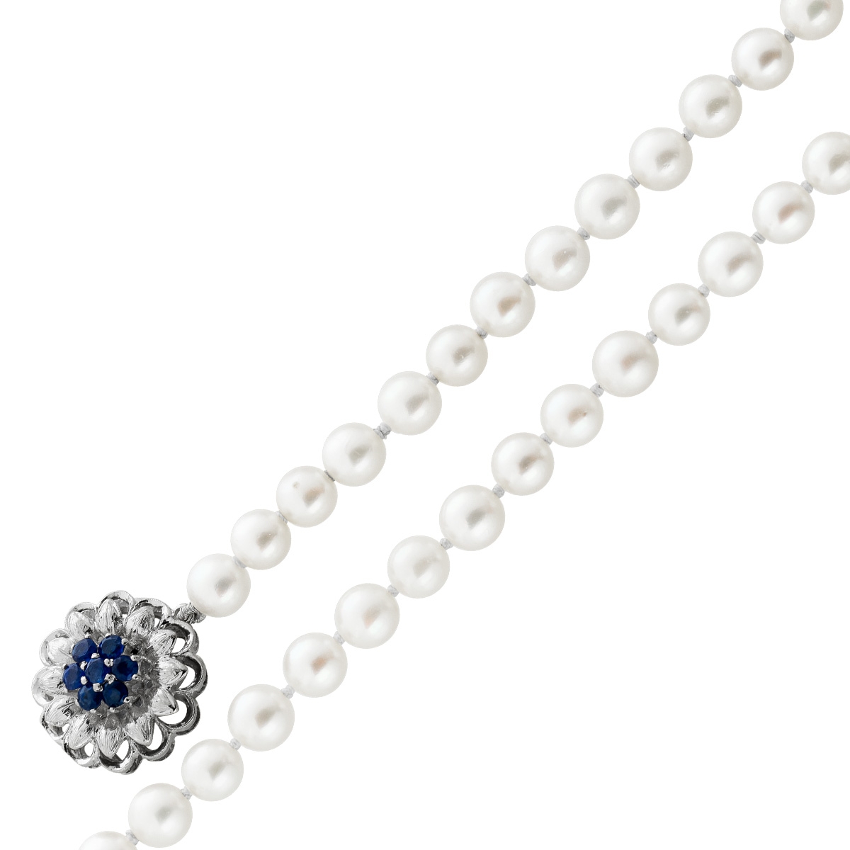 Perlenkette Weißgold 750 jap. Akoyaperlen 6.1mm blaue Saphire 0.42ct 80 Perlenkette Weißgold 750 jap. Akoyaperlen 6.1mm blaue Saphire 0.42ct 80