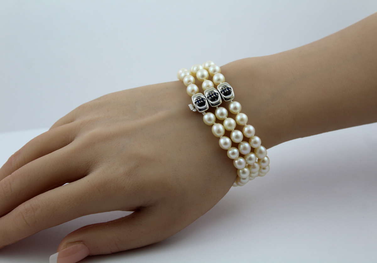 Pearl Bracelet White Gold 585 14K Akoya Pearls 6.4-6.2mm Sapphires Vintage 18