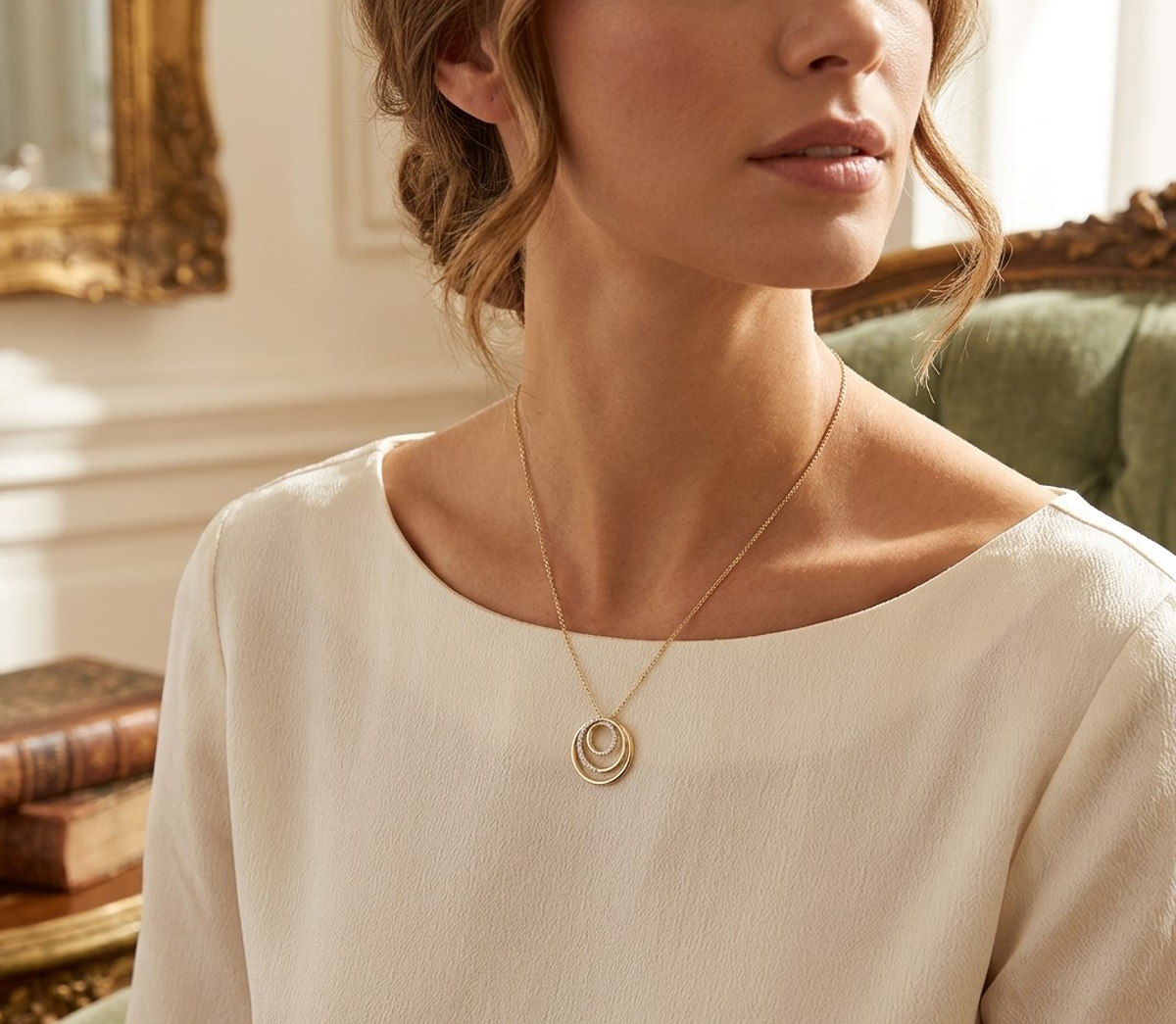 Circle Pendant Anchor Chain Gold 375 9K Natural Diamonds 0.09ct 45