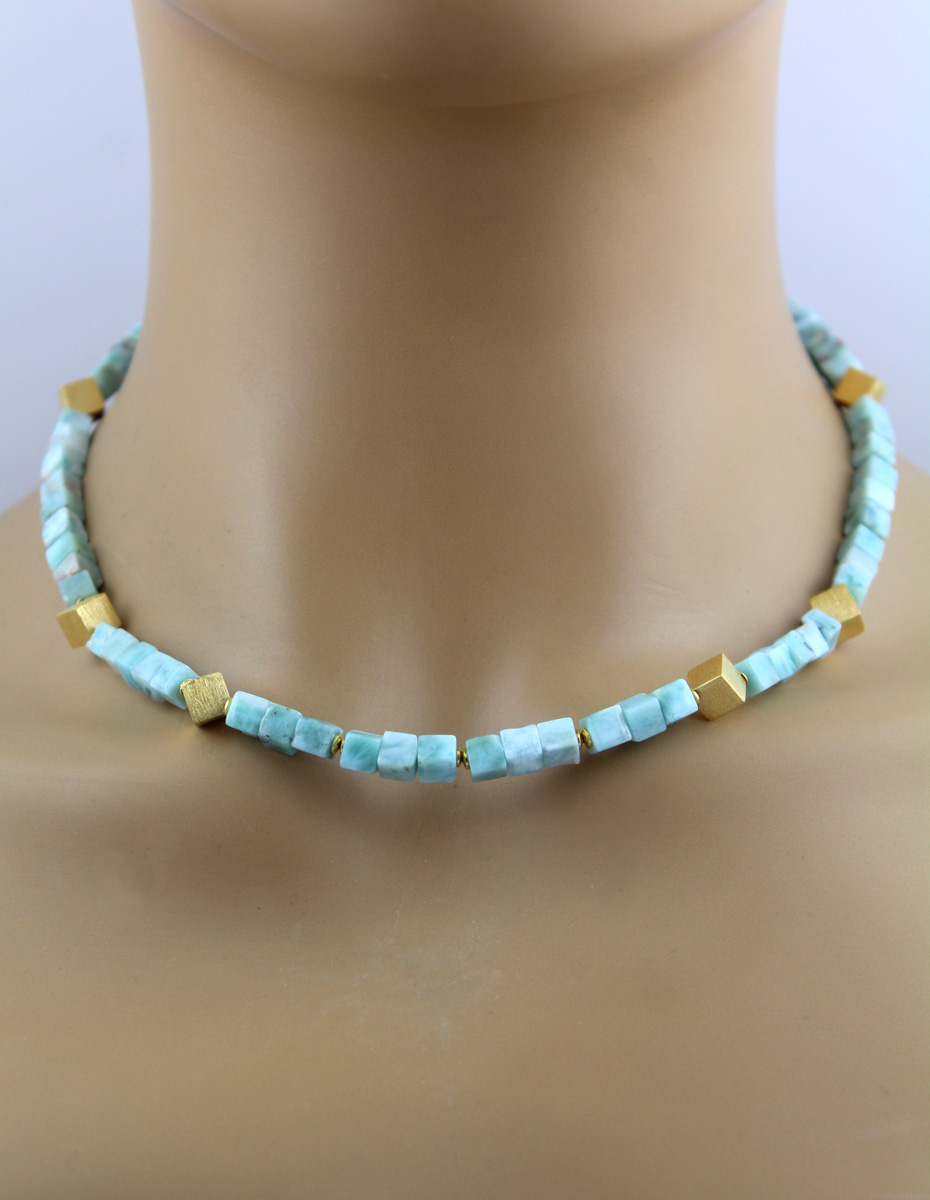 Larimar Collier Silver Gold-Plated Sky-Blue Natural Gemstone 137ct 45